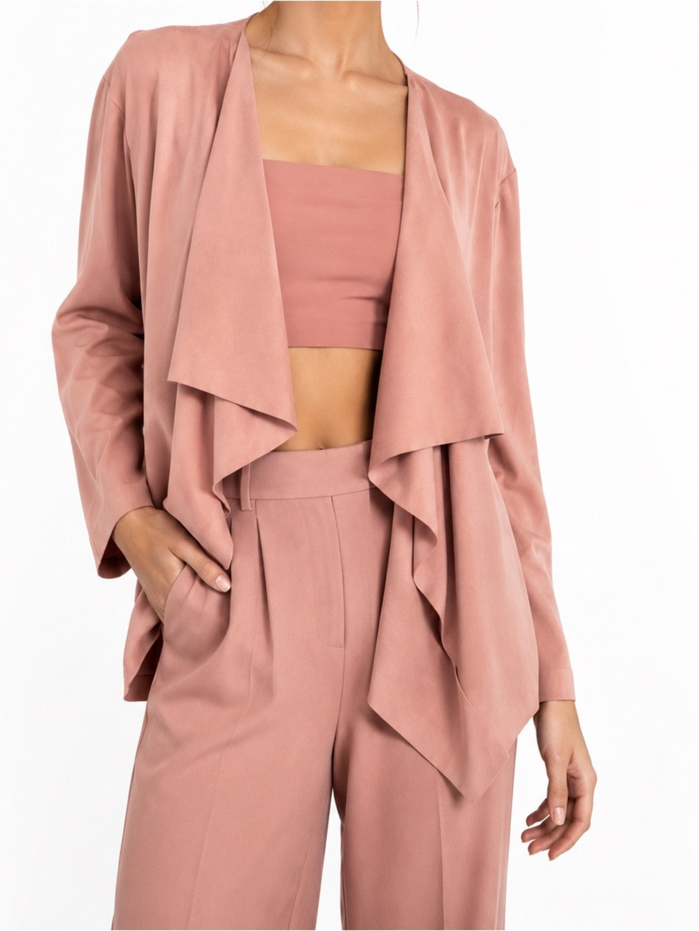 BACCINI Faux Suede Dusty Rose Mauve Draped Open Front Jacket